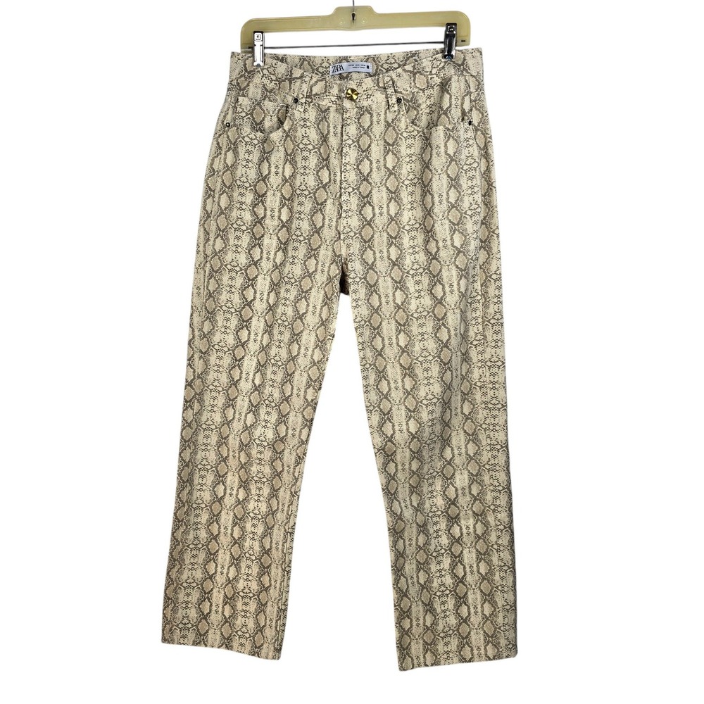 Zara Snakeskin Print High Waisted Straight Leg Pants Beige Grey Women Size 8